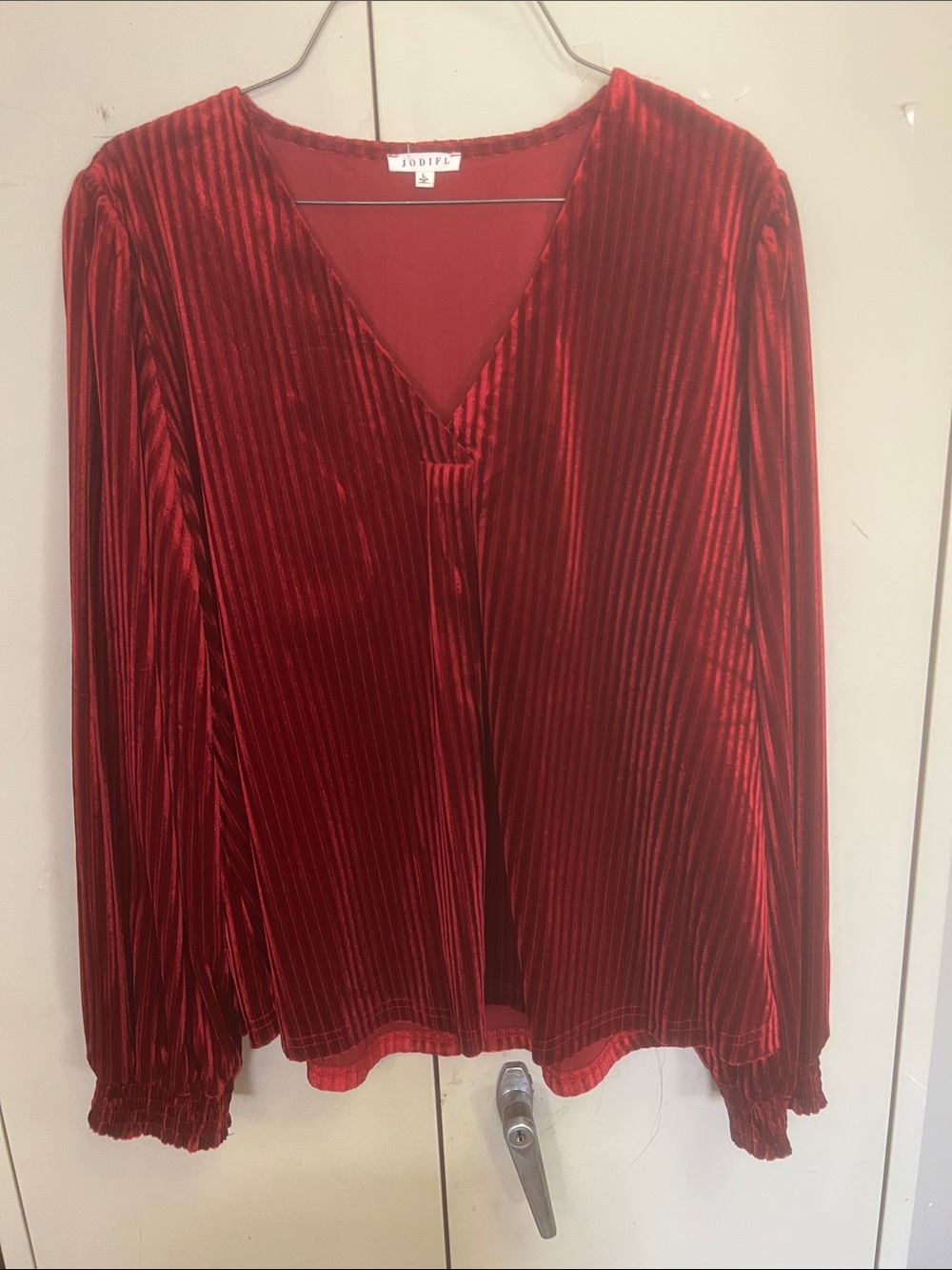 JODIFL Red Velvet Pleated V-Neck Long Sleeve Blouse